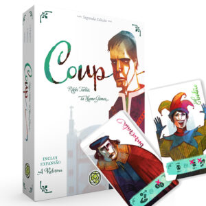 A caixa do jogo Coup com duas cartas de personagem