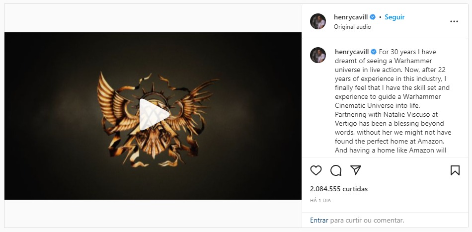 Print do post do Instagram do ator Henry Cavill anunciando a produção de Warhammer 40K