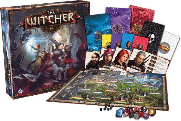 Caixa e componentes de The Witcher: Adventure Game